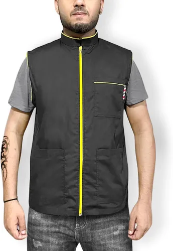 Vista 2 de Chaqueta profesional de peluquero para hombre, sin mangas, color negro, con 2 bolsillos para herramientas de peluquero y cremallera unidireccional