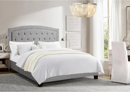 Vista 2 de Rosevera Carlisle Marco de cama con cabecera ajustable con botones para dormitorio, tapizado de lino, soporte de listones de madera, fácil montaje