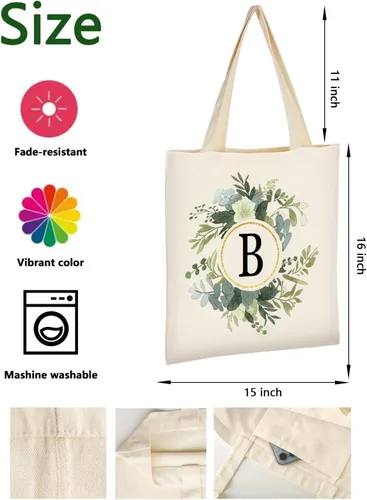 Vista 3 de AUSVKAI Bolsa de lona para mujer, bonita bolsa de algodón con iniciales estéticas, de algodón, reutilizable, personalizada, bolsas de cumpleaños