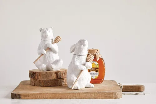 Vista 2 de Creative Co-Op Oso blanco en forma de olla de miel con tapa y cuchara de bambú