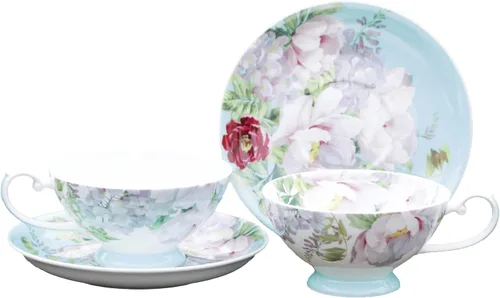 Vista 6 de Gracie Bone - Tazas y platillos de niebla de peonía de porcelana (morado)
