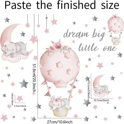 Vista 4 de Adhesivo de pared grande con diseño de elefante y elefante rosa durmiendo, sacinora Moon and Stars, vinilo extraíble para niños, guardería