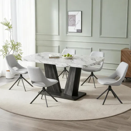 Vista 16 de Juego de mesa de comedor para 6, juego de mesa de comedor de mármol para 6, juego de 6 sillas de mesa de cocina con base de madera, juego de mesa
