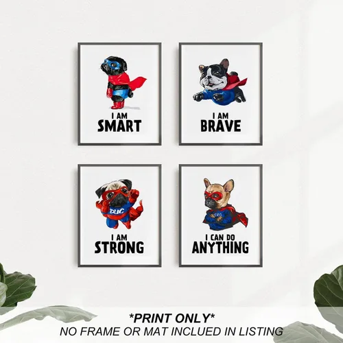 Vista 3 de heilkee Divertidas impresiones artísticas de pared de perro, carteles inspiradores para niños, decoración de habitación de superhéroes