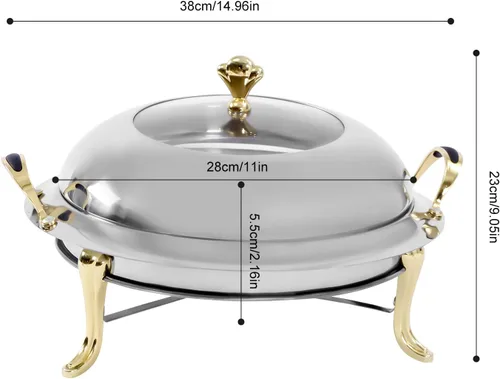 Vista 3 de Plato redondo para rozar, bandeja calentadora de bufé de acero inoxidable de 3.17 cuartos de galón con tapa y soporte de combustible para cocina