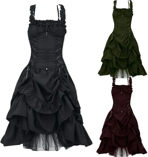 Vista 4 de Gothic Clothing Women, Gothic Dress for Women Steampunk Strappy Layers Dress Skirt Lace Long Dress
