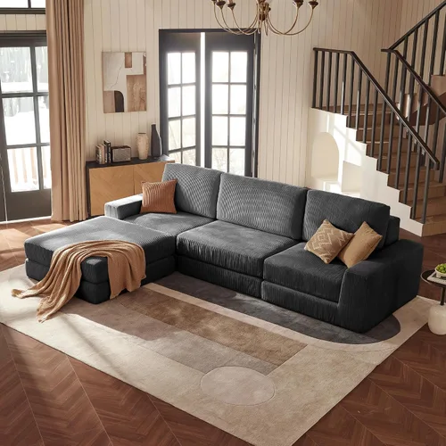 Vista 29 de Sofá seccional modular, 120.47" Sofá seccional moderno en forma de nube con chaise en L, cómodo sofá mullido de corduroy con asiento profundo, sofás