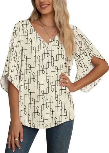 Vista 45 de Blusas de gasa con mangas 3/4 arrugadas de otoño para mujer de Jouica 01amy Verde