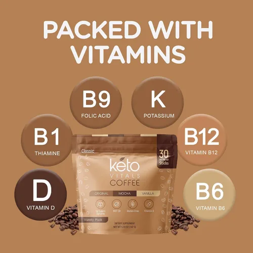 Vista 4 de Keto Vitals Café en polvo instantáneo Keto con aceite MCT y vitaminas, bajo en calorías, bajo en carbohidratos, sin edulcorantes artificiales, apoyo