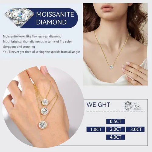 Vista 8 de Collar de moissanita con halo para mujer, 0.5 quilates-4.0 quilates, chapado en oro blanco y amarillo de 18 quilates, delicado regalo de aniversario