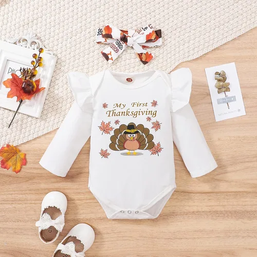 Vista 5 de DOMOABEI My First Thanksgiving - Trajes de bebé para niña disfraz de pavo recién nacido manga larga con volantes falda con tirantes de 0 a 18 meses