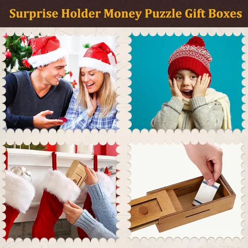 Vista 5 de 2 piezas Caja de rompecabezas de madera de Navidad con compartimentos ocultos, caja de dinero de madera para tarjeta de regalo, caja secreta