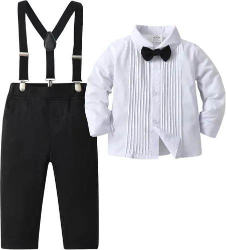 Vista 38 de Conjunto de pantalones para bebé, camisa de manga larga + pantalones + corbatín + tirantes, trajes de caballero para niños pequeños
