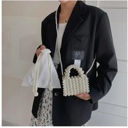 Vista 6 de Bolso de noche para mujer, lindo bolso de hobo bolso cruzado para mujer, bolso de perlas de diamantes de imitación, bolso tejido para fiesta, boda