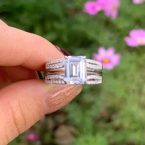 Vista 4 de Wuziwen Anillo de novia realzador de 2 quilates para anillos de compromiso para mujer, diseño de corazón de princesa, esmeralda ovalada, plata