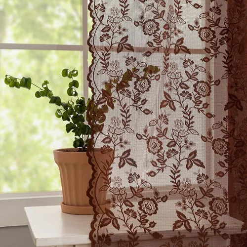 Vista 40 de FINECITY 2 paneles de cortinas de encaje beige de 36 pulgadas de largo con hojas florales rústicas, cortinas cortas y transparentes para ventana