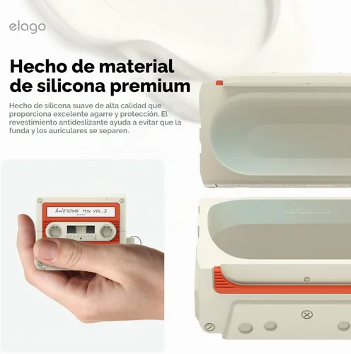 Vista 4 de elago Compatible con Samsung Galaxy Buds 3 Pro y 3 y 3 FE Funda, funda con diseño de cinta de casete con mosquetón, protección completa, accesorios
