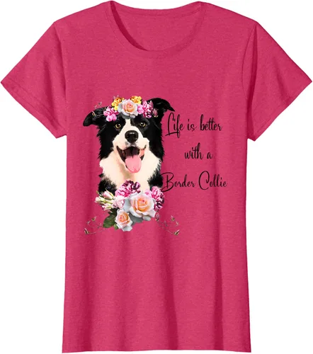 Vista 9 de Life is Better With a Border Collie - Camiseta de perro lindo con flores, gris, S Gris Oscuro