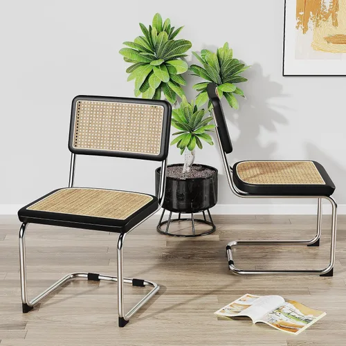 Vista 4 de Juego de 2 sillas de comedor de ratán modernas de mediados de siglo con respaldo tejido de ratán natural y asiento, sillas laterales tapizadas sin