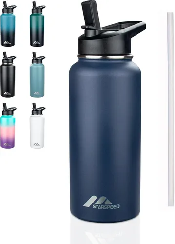 Vista 20 de StarSpeed Botella de agua aislada de 32 onzas con tapa con pajilla, botella de agua al vacío de doble pared de acero inoxidable, botella de agua