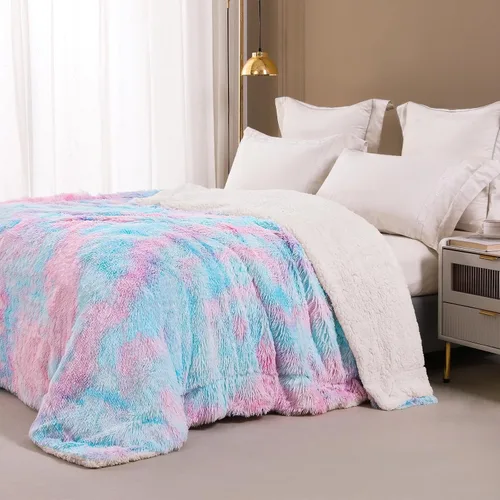 Vista 2 de Exclusivo Mezcla Manta de Cama Mullida de Piel Sintética Tamaño King, Mantas Reversibles Shaggy de Vellón Sherpa Teñido Tie Dye, Mantas Mullidas