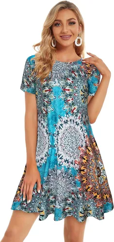 Vista 3 de Vestidos de verano para mujer, camiseta casual de playa, talla grande, floral, manga corta, holgados, vestidos de verano