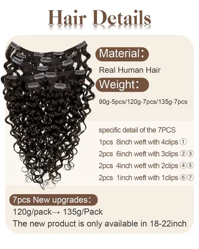 Vista 55 de Hetto . Extensiones de cabello humano rizado con clip, color #1 negro azabache, extensiones de cabello humano ondulado natural para cabeza completa