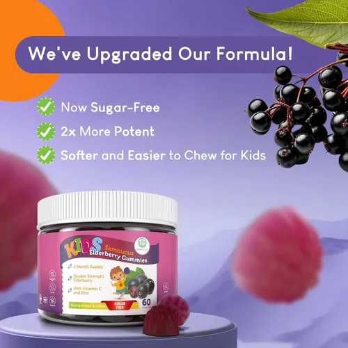Vista 3 de Gomitas de saúco sin azúcar para niños con vitamina C y zinc, suplemento diario de apoyo inmunológico para niños, antioxidante Sambucus, vegano, 60