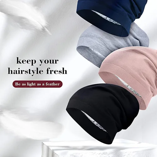 Vista 38 de 4 Pieces Satin Lined Beanie Cap Satin Sleep Lined Hat Slouchy Beanie Hat Night Silk Hair Cap for Women Men