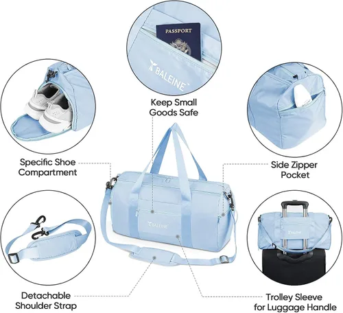 Vista 3 de BALEINE bolso de gimnasio para mujeres y hombres, pequeño bolso de lona impermeable y ligero para deportes, gimnasios y escapadas de fin de semana