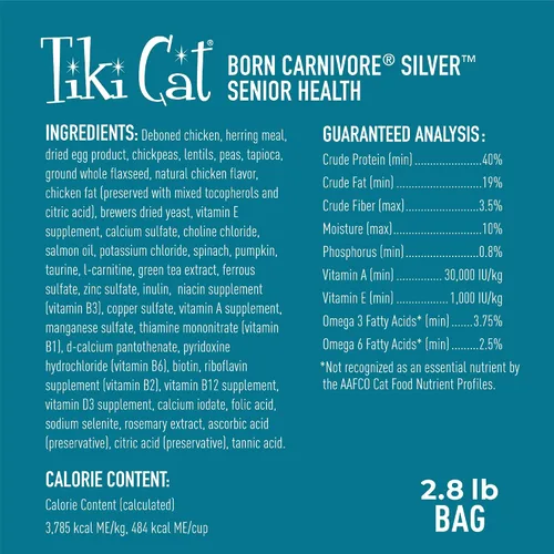 Vista 4 de Tiki Cat Born Carnivore Silver, Senior Health, Receta de comida de pollo y arenque, apoyo inmunológico con croquetas horneadas para maximizar