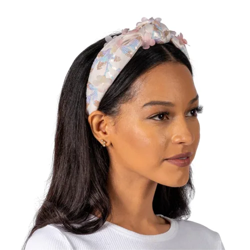 Vista 7 de Diadema anudada para mujer (beige con perlas), diadema ancha anudada, beige con ribete de encaje y perlas pequeñas