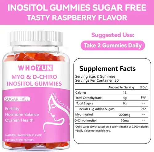 Vista 2 de Gomitas de inositol sin azúcar, mio-inositol y D-chiro inositol suplemento de proporción 40:1 para mujeres, fertilidad, equilibrio hormonal, salud