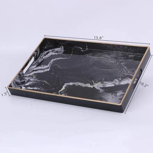 Vista 5 de Bandeja decorativa, bandeja de plástico de mármol con asas, bandeja rectangular de tocador y bandeja de servir para baño, cocina, otomana y mesa
