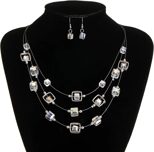 Vista 4 de Layered Silver Beaded Necklace for Women Square Crystal Beads Statement Collar Necklace and Earrings Fashion Costumes Jewelry for Women