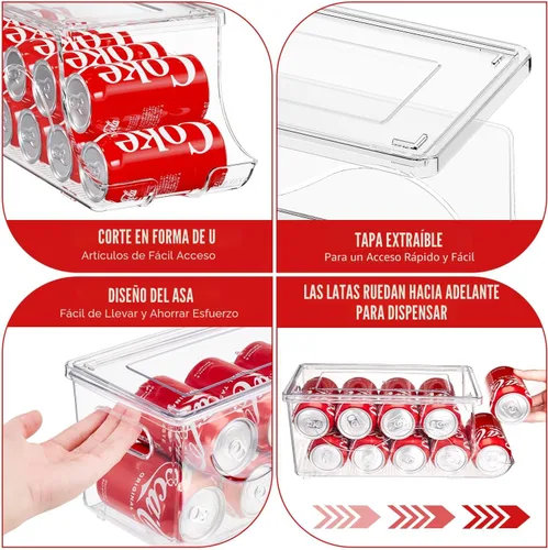 Vista 3 de SCAVATA Paquete de 2 organizadores apilables para refrigerador, dispensador de latas de soda, contenedor de bebidas con tapa para refrigerador
