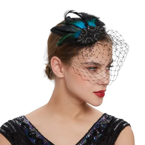 Vista 2 de LATIMOON Diadema con velo de plumas de los años 20 con velo para mujer.