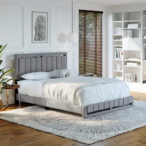 Vista 10 de Beaumont - Cama de plataforma tapizada con cabecero, base de colchón con 14 soportes de listones de madera, no requiere somier, piel sintética