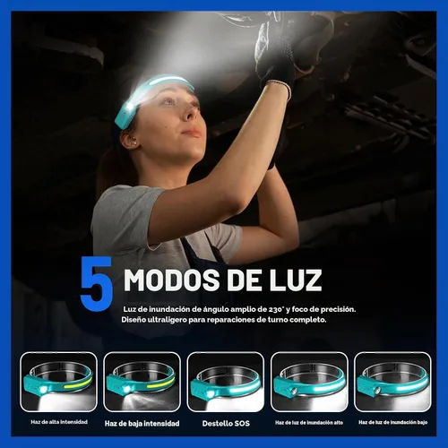 Vista 3 de Nessciera Linterna LED recargable (Azul), 400 lúmenes, haz ancho de 230°, USB-C, IPX4, 5 modos — Banda ajustable ligera; clips para casco