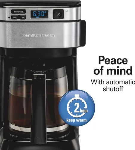 Vista 5 de Hamilton Beach Cafetera programable de 12 tazas, Cafetera de filtro FrontFill Regular & Bold Brew Options Auto Pause and Pour Glass Carafe