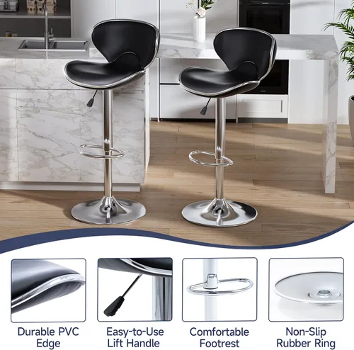 Vista 5 de Juego de 2 taburetes de bar, taburetes de bar giratorios ajustables para mostrador de cocina, silla de bar moderna de cuero PU de altura