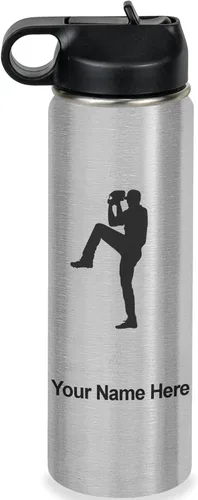 Vista 46 de LaserGram Botella de agua personalizada, jarra de béisbol, acero inoxidable de doble pared aislada al vacío con popote superior, regalo grabado Negro