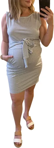 Vista 4 de IFFEI Mommy and Me - Vestidos de verano para mujer, sin mangas, a rayas, vestido casual con lazo en la cintura, mini vestidos familiares a juego