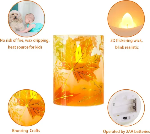 Vista 5 de Velas sin llama de otoño, velas LED de hoja de arce otoñal con control remoto y temporizador, velas de cera real parpadeantes realistas para fiestas