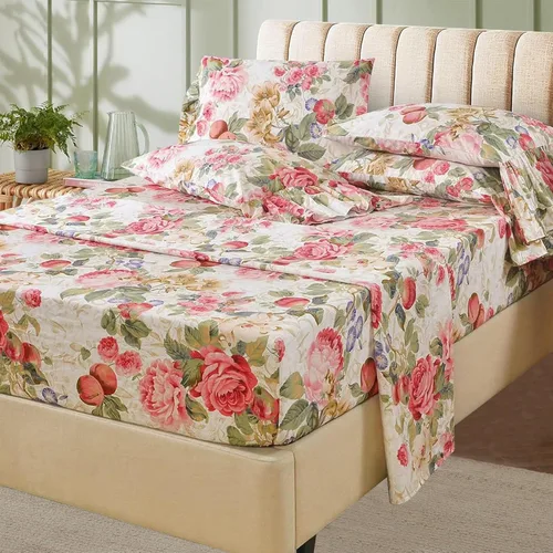 Vista 18 de ABREEZE Juego de sábanas con estampado floral beige, juego de ropa de cama bohemio, juego de ropa de cama de lujo de 4 piezas, medallón de damasco
