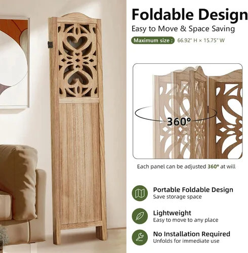 Vista 5 de Divisor de habitación de 4 paneles de madera tallada de 5.6 pies de alto, pantalla de privacidad plegable con bisagras dobles, divisor de división