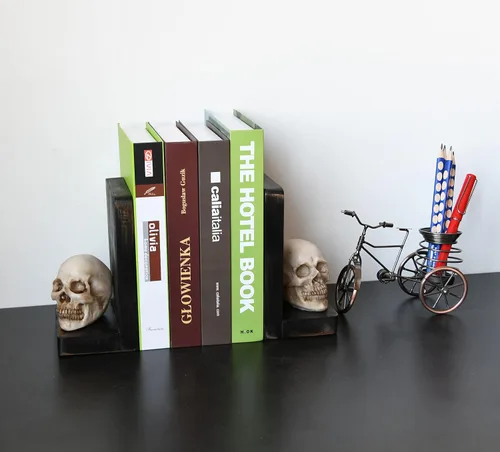 Vista 3 de OwlGift Sujetalibros decorativos de calavera de Halloween, sujetalibros resistentes para estantes, extremos de libro de calavera para libros