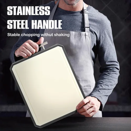 Vista 6 de Tabla de cortar de acero inoxidable, no tóxica para cocina, tabla de cortar de metal, acero inoxidable de doble cara/paja de trigo grande