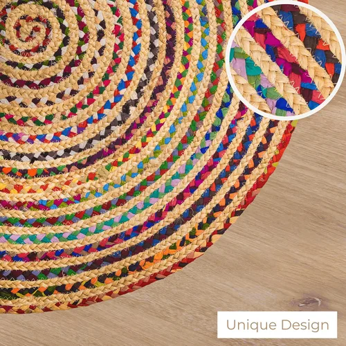 Vista 4 de RAJRANG - Alfombra reversible grande de yute chindi, alfombra circular de algodón, multicolor, redonda, 6 pies