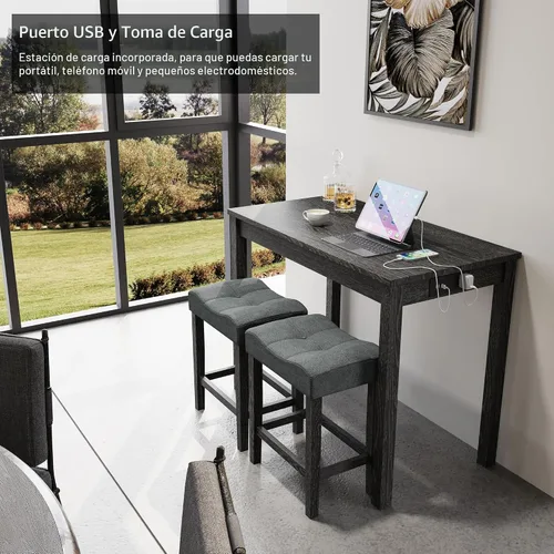 Vista 5 de allamazing Juego de Mesa de Bar de Altura de Mostrador de 3 Piezas con Enchufe y 2 Taburetes de Bar Acolchados de Tela, Juego de Mesa de Comedor 1+2